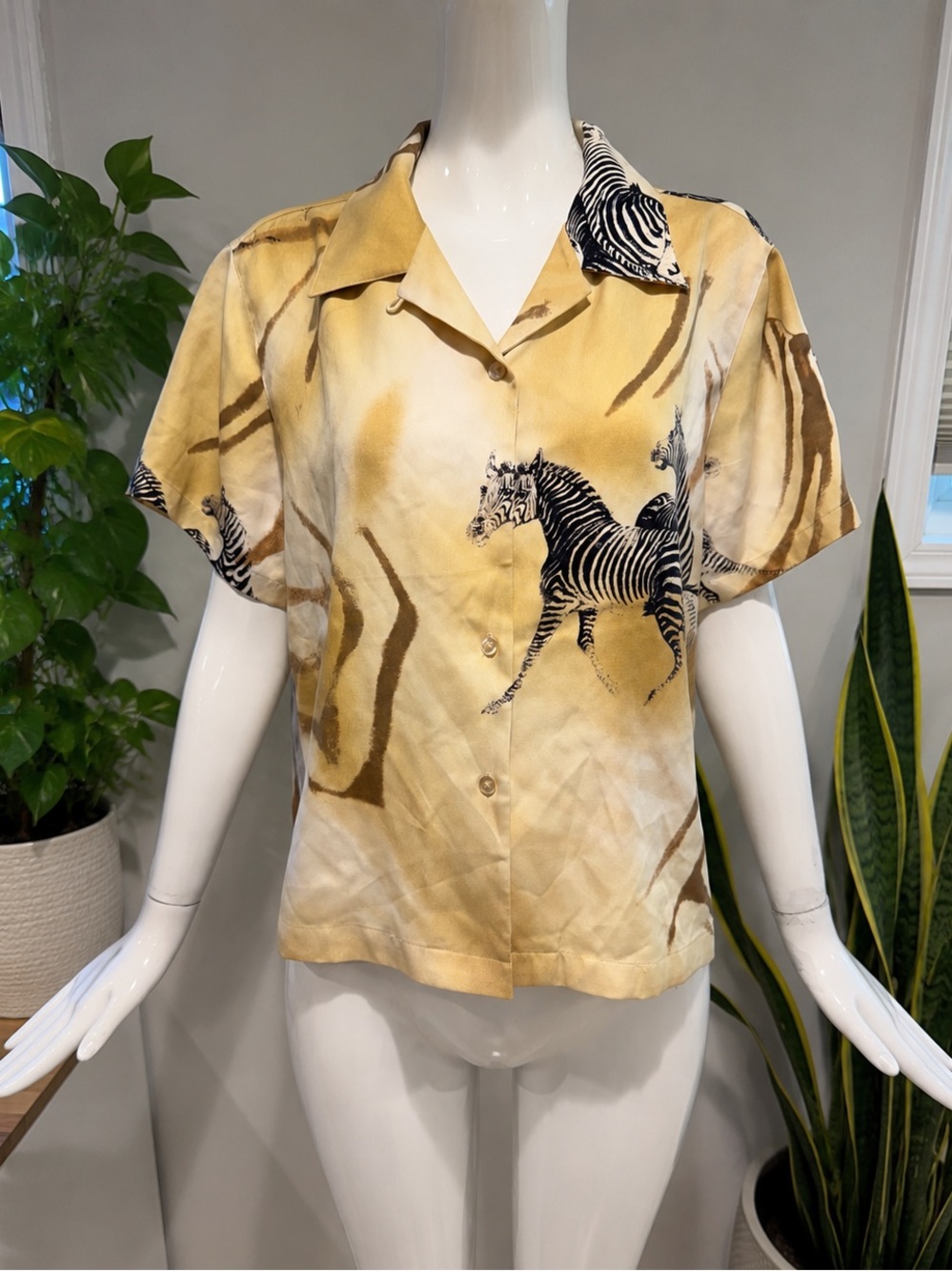 Kulakula 100% Silk Zebra Safari Print Button Front Blouse Size L